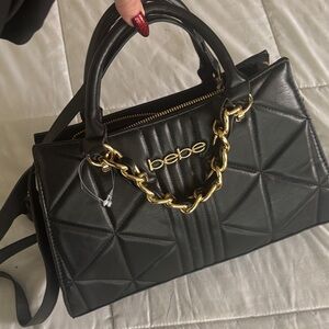 Bebe Quilted Black Satchel with Gold Chain